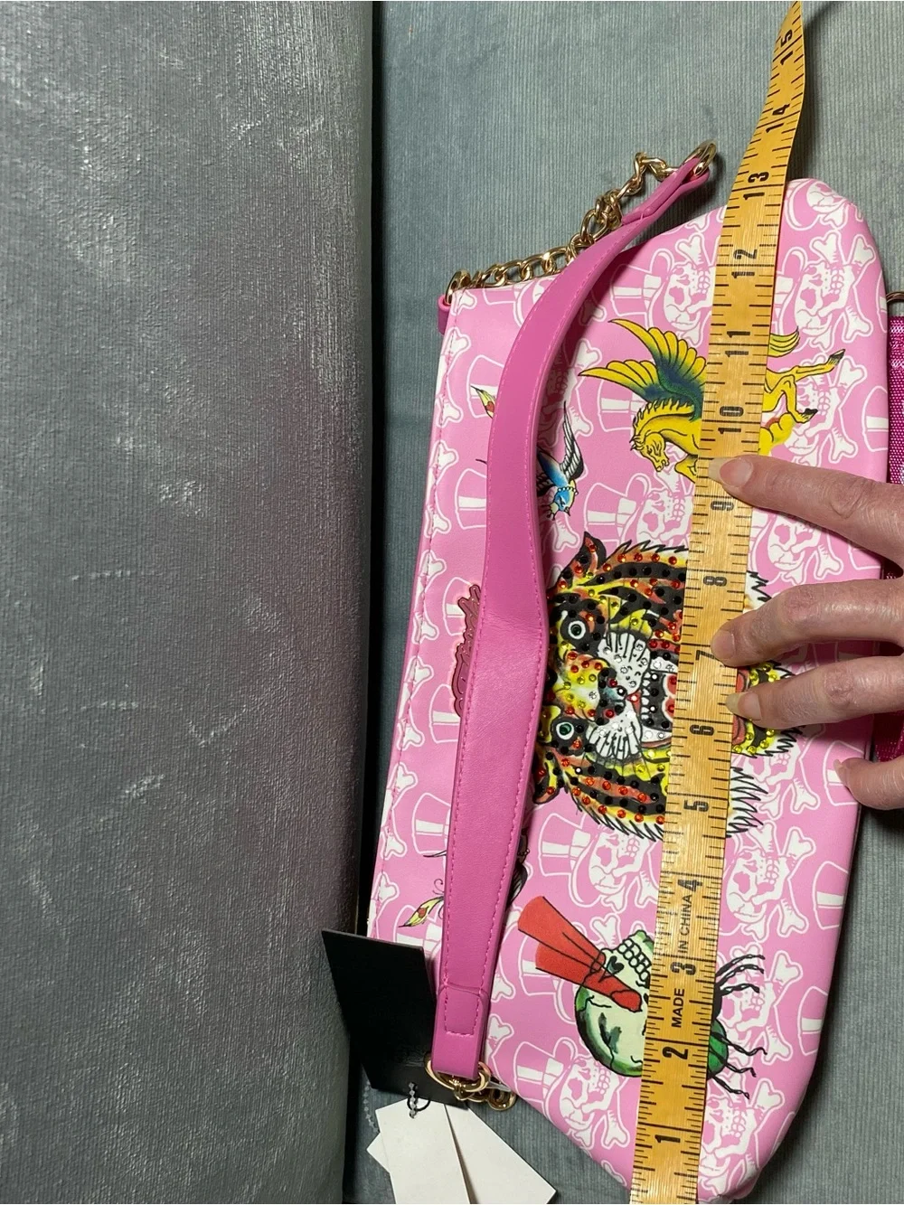 Ed Hardy Pink Graphic Shoulder Bag with Rhinestone Tiger, Gold Chain Accents